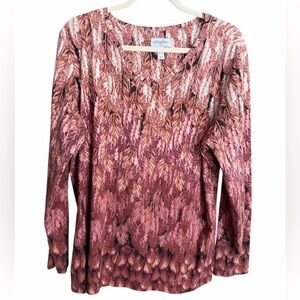 Studio by Denim & Co. Feather Print Long Sleeve V-Neck Top Chestnut Multi